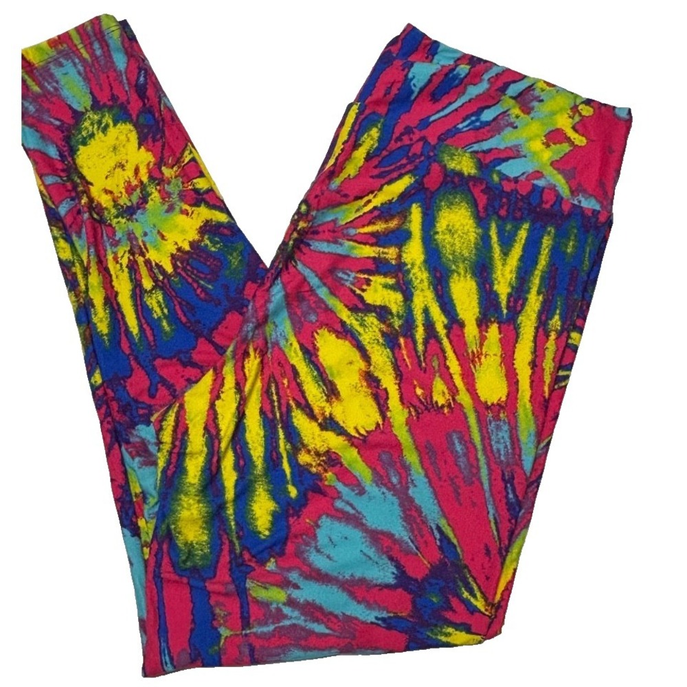 LuLaRoe Womens Leggings Size TC2 Pink Blue Yellow Tie Dye Burst Plus 18+ NWT